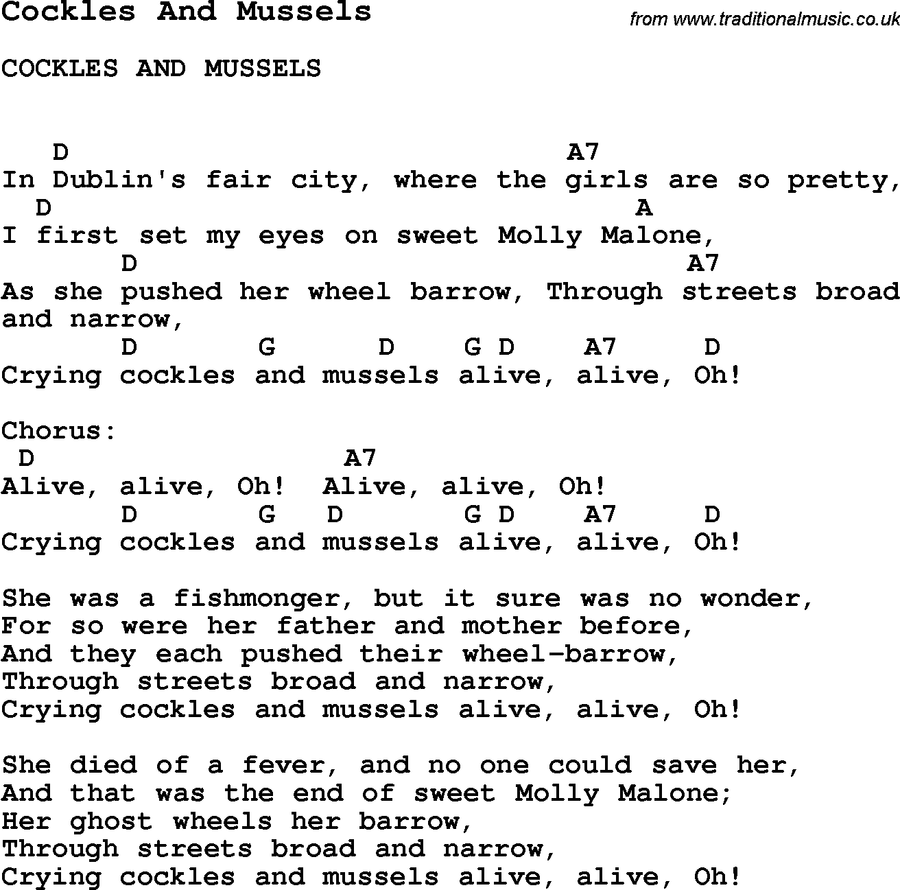 Summer-Camp Song, Cockles And Mussels, with lyrics and chords for Ukulele, Guitar Banjo etc.