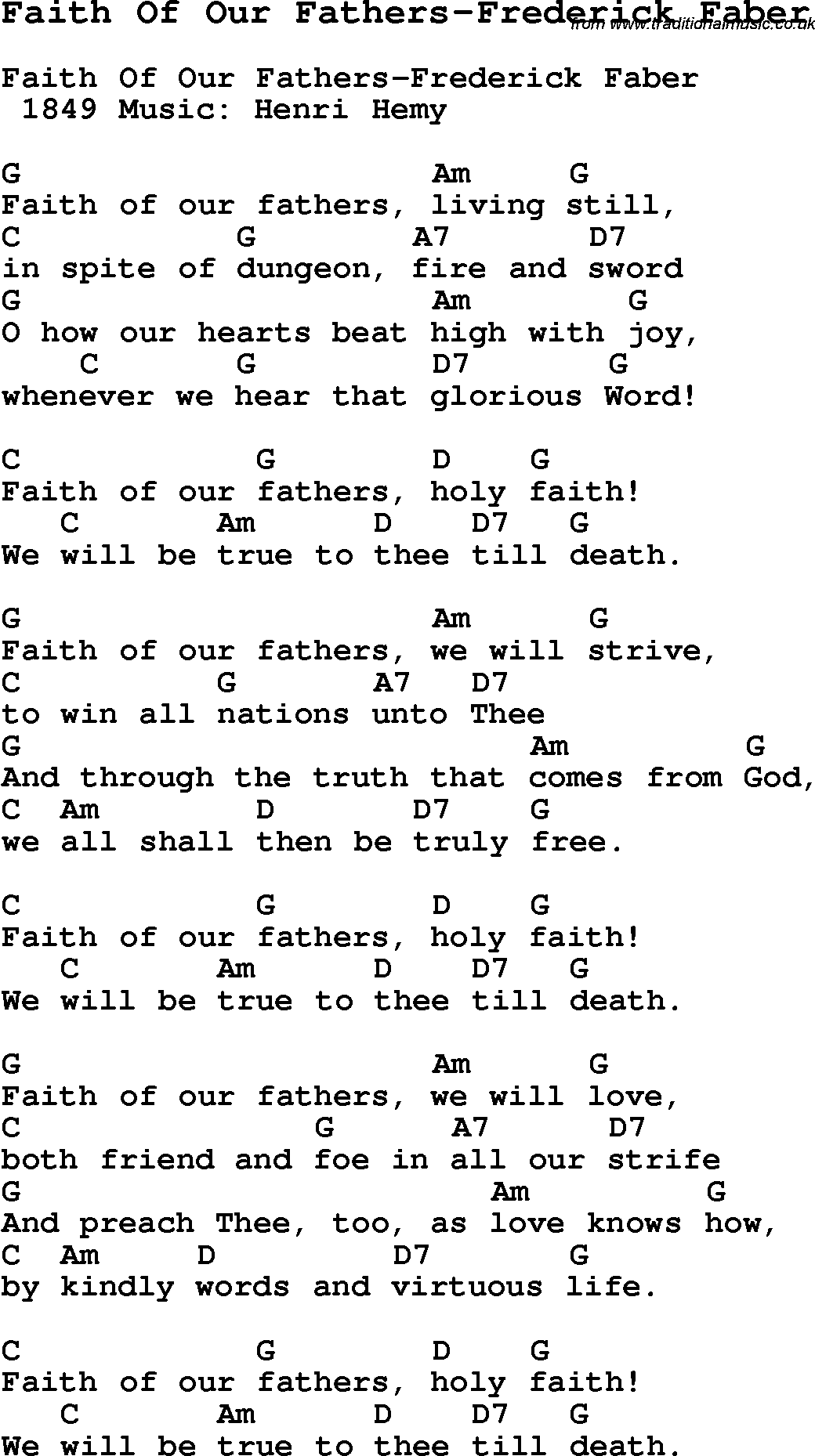Summer-Camp Song, Faith Of Our Fathers-Frederick Faber, with lyrics and chords for Ukulele, Guitar Banjo etc.