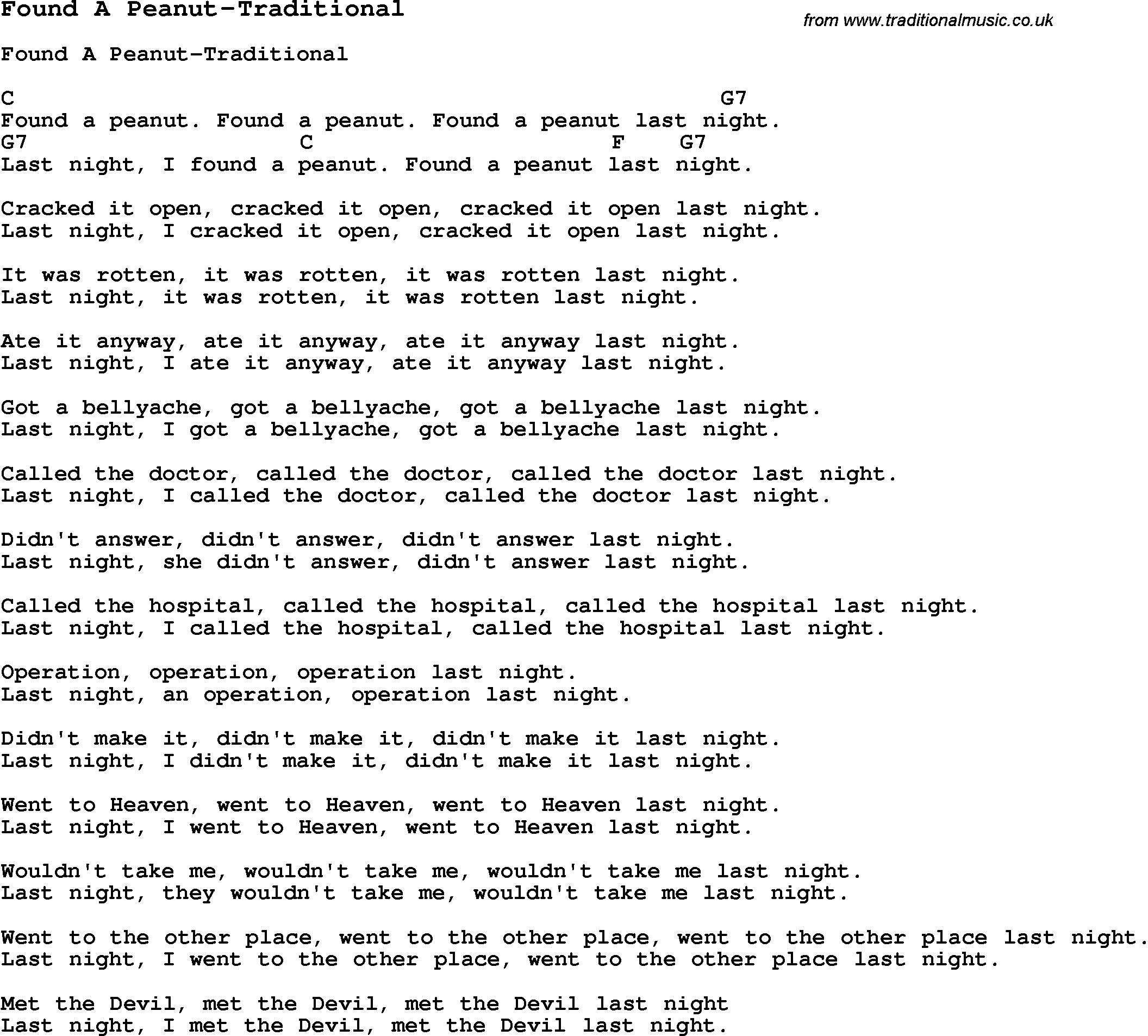 Summer-Camp Song, Found A Peanut-Traditional, with lyrics and chords for Ukulele, Guitar Banjo etc.