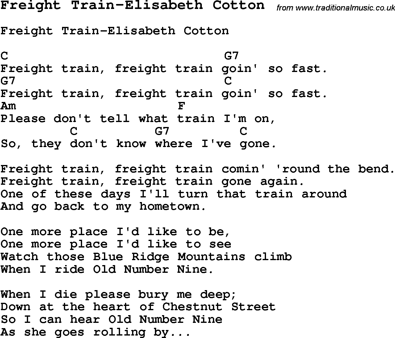 Summer-Camp Song, Freight Train-Elisabeth Cotton, with lyrics and chords for Ukulele, Guitar Banjo etc.
