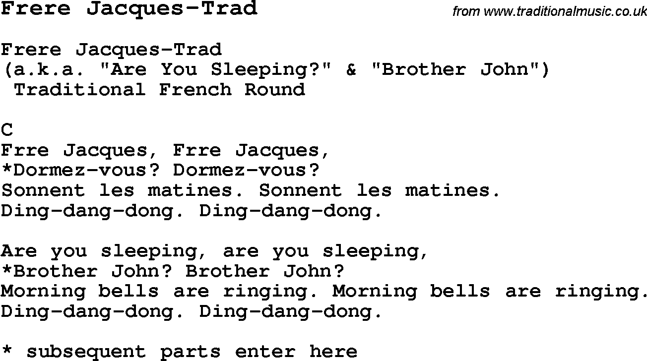 Summer-Camp Song, Frere Jacques-Trad, with lyrics and chords for Ukulele, Guitar Banjo etc.