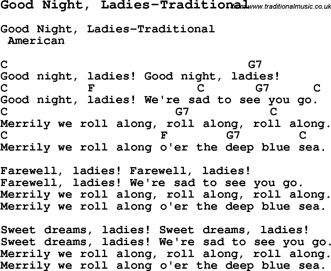Summer-Camp Song, Good Night, Ladies-Traditional, with lyrics and chords for Ukulele, Guitar Banjo etc.