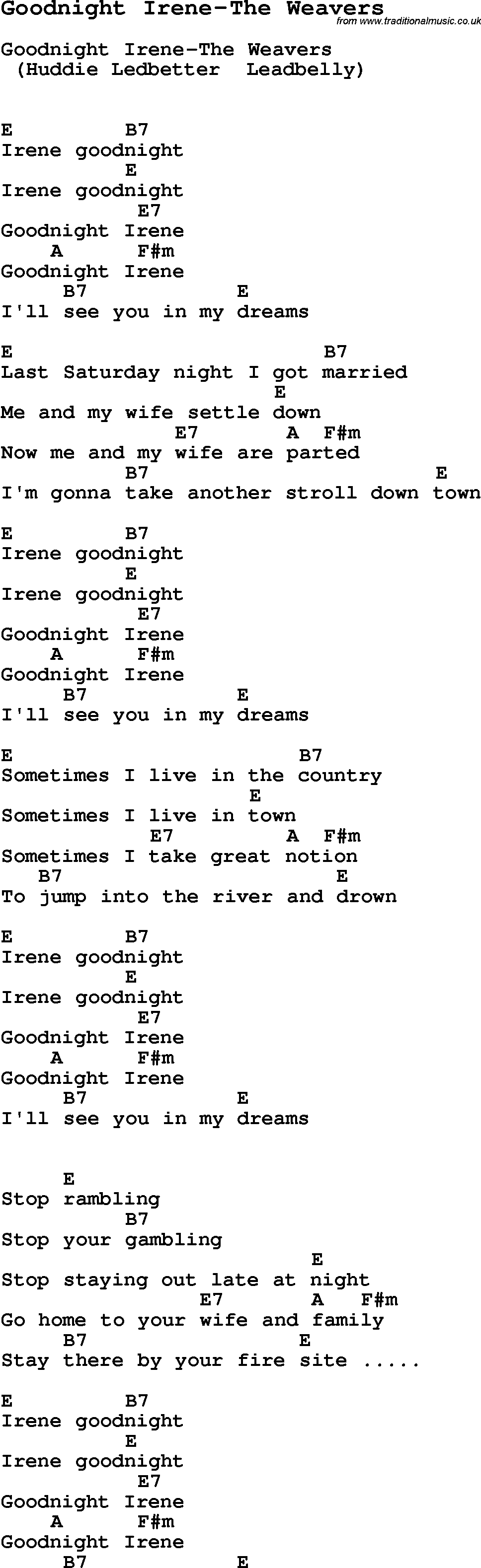 Summer-Camp Song, Goodnight Irene-The Weavers, with lyrics and chords for Ukulele, Guitar Banjo etc.