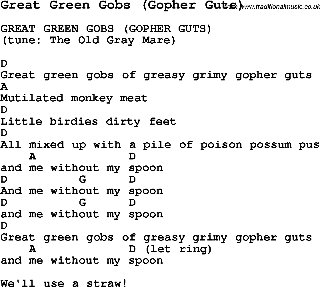 Summer-Camp Song, Great Green Gobs (Gopher Guts), with lyrics and chords for Ukulele, Guitar Banjo etc.