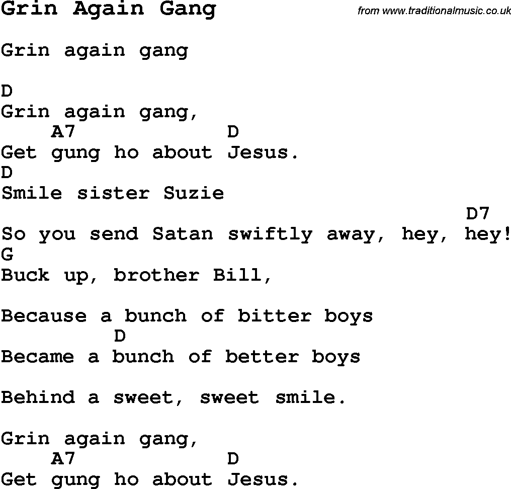 Summer-Camp Song, Grin Again Gang, with lyrics and chords for Ukulele, Guitar Banjo etc.
