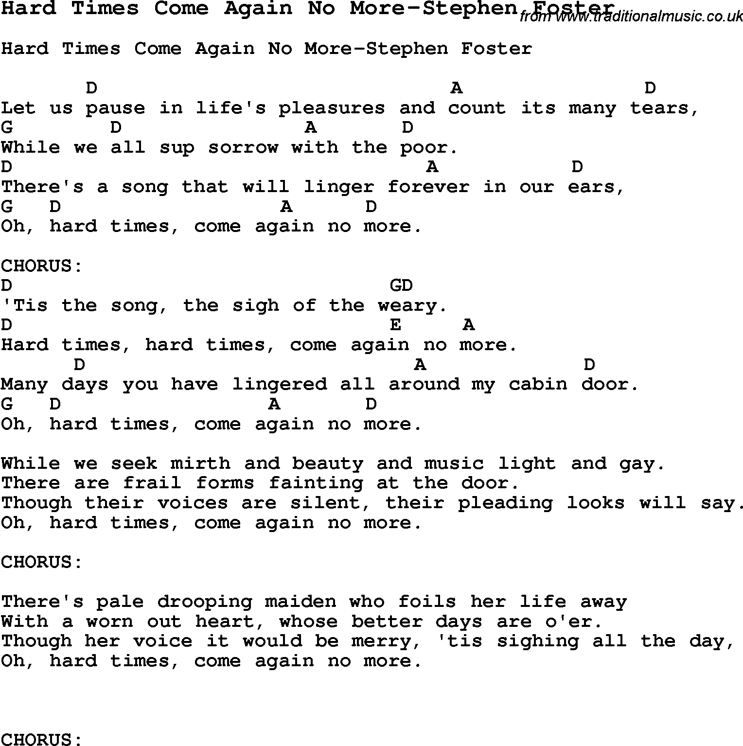 Summer-Camp Song, Hard Times Come Again No More-Stephen Foster, with lyrics and chords for Ukulele, Guitar Banjo etc.