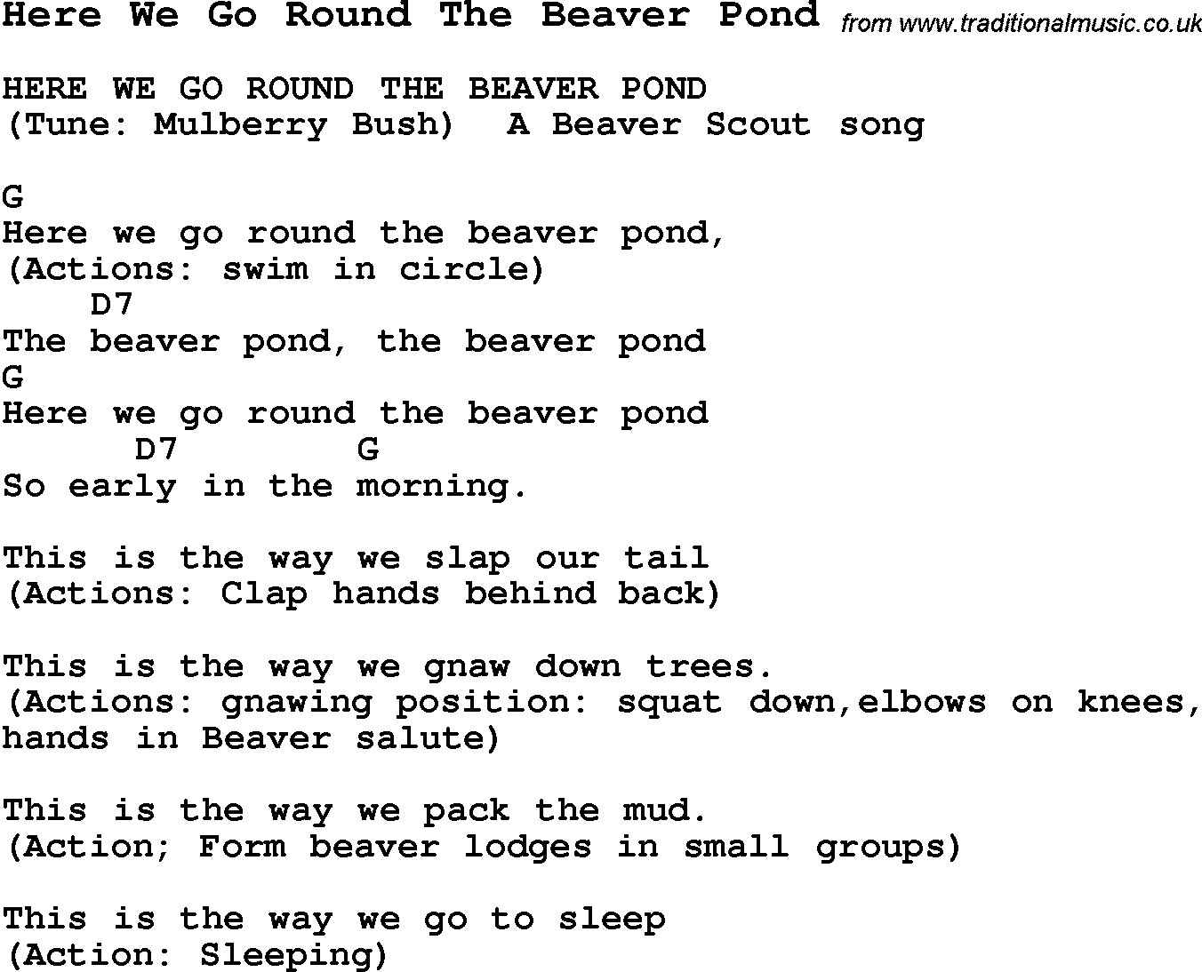 Summer-Camp Song, Here We Go Round The Beaver Pond, with lyrics and chords for Ukulele, Guitar Banjo etc.