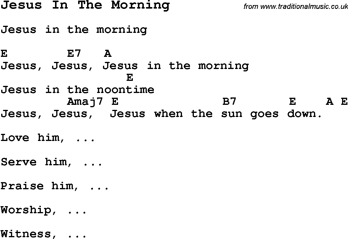 Summer-Camp Song, Jesus In The Morning, with lyrics and chords for Ukulele, Guitar Banjo etc.