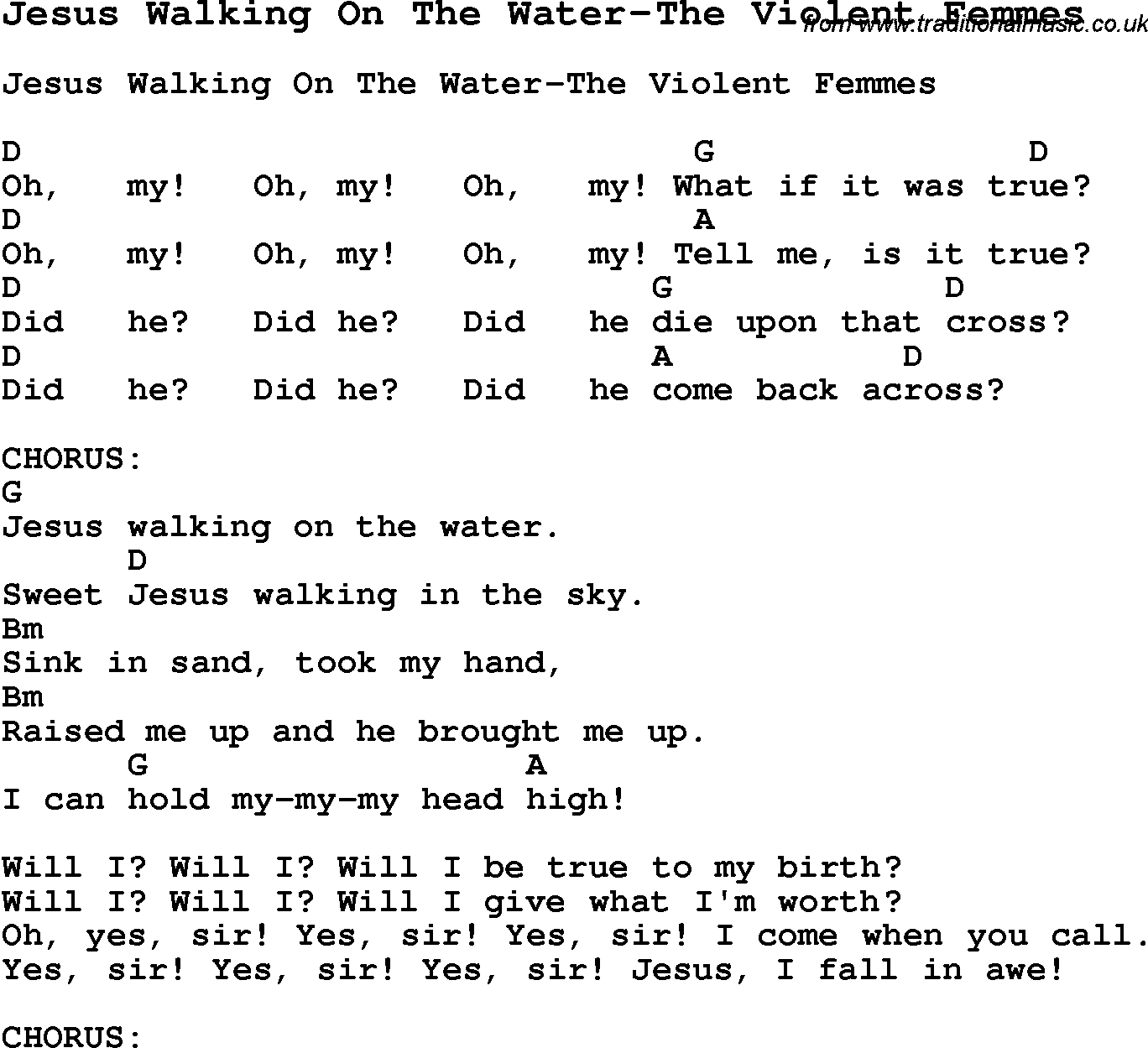 Summer-Camp Song, Jesus Walking On The Water-The Violent Femmes, with lyrics and chords for Ukulele, Guitar Banjo etc.