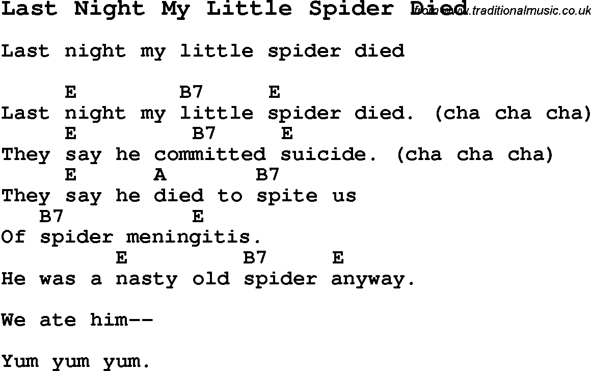 Summer-Camp Song, Last Night My Little Spider Died, with lyrics and chords for Ukulele, Guitar Banjo etc.