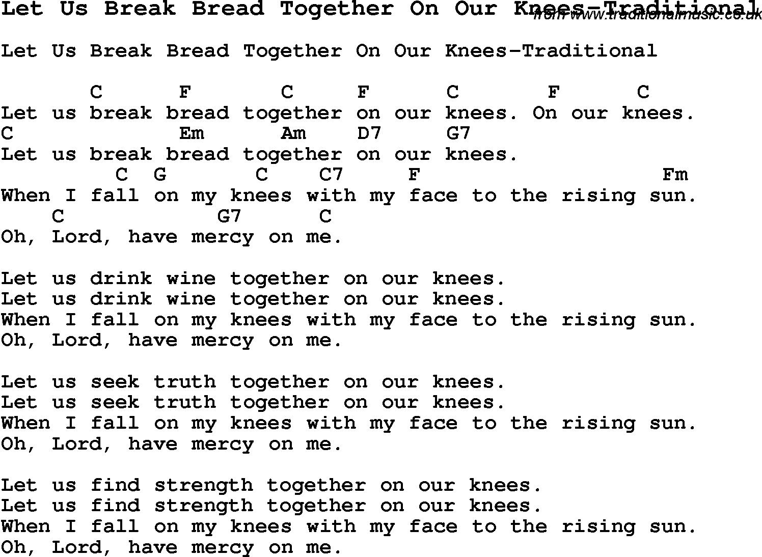 Summer-Camp Song, Let Us Break Bread Together On Our Knees-Traditional, with lyrics and chords for Ukulele, Guitar Banjo etc.