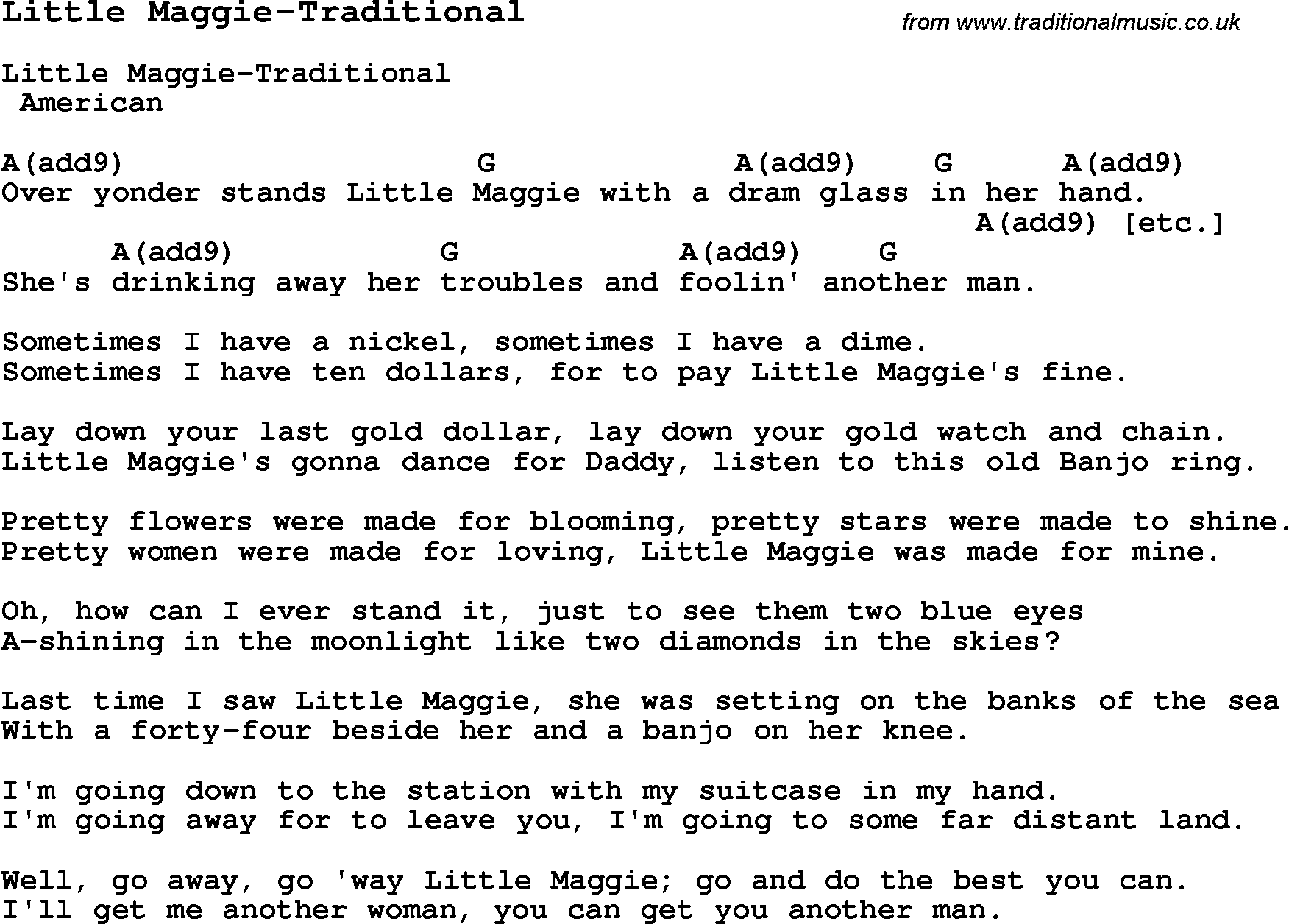 Summer-Camp Song, Little Maggie-Traditional, with lyrics and chords for Ukulele, Guitar Banjo etc.