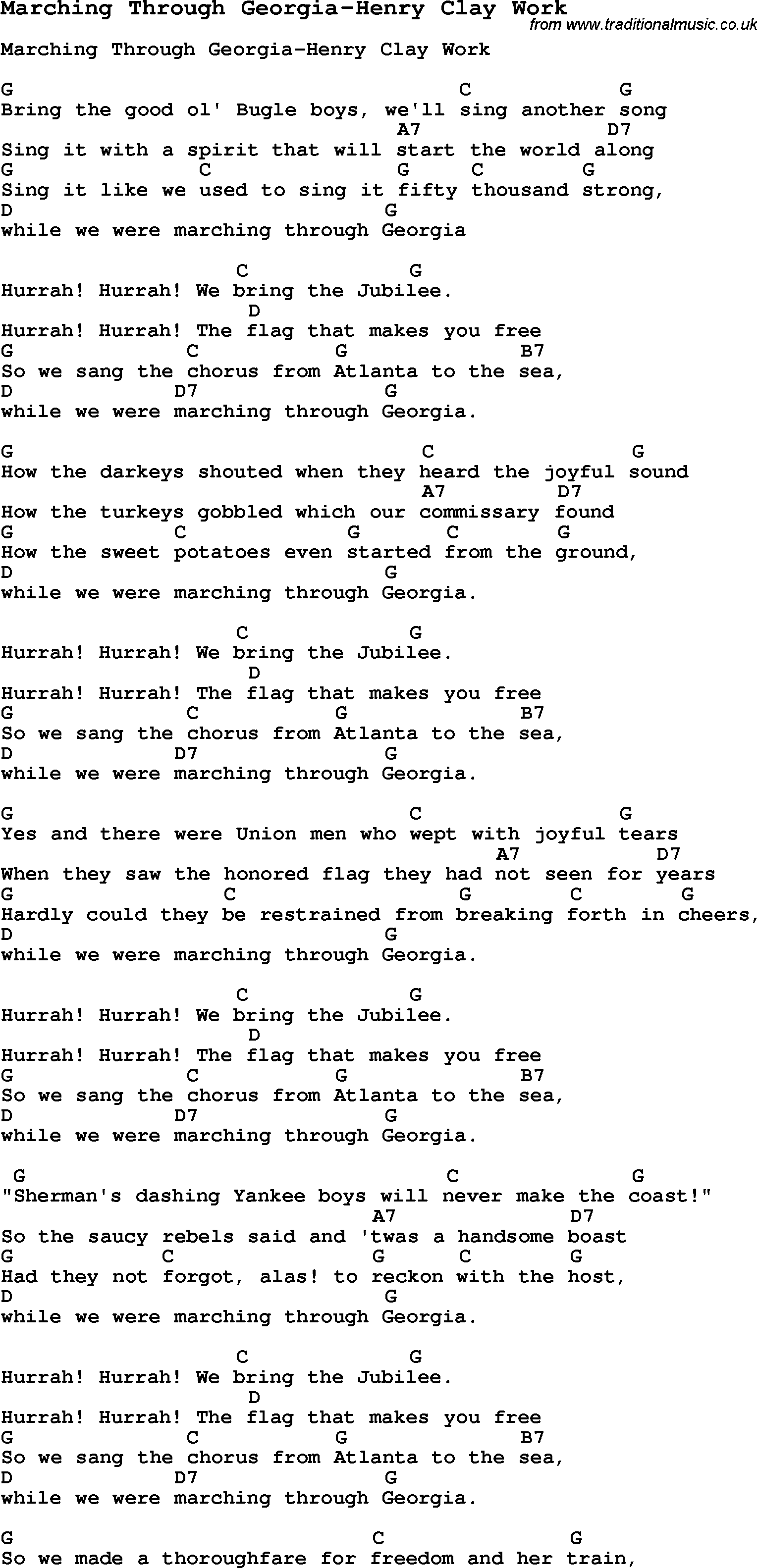 Summer-Camp Song, Marching Through Georgia-Henry Clay Work, with lyrics and chords for Ukulele, Guitar Banjo etc.