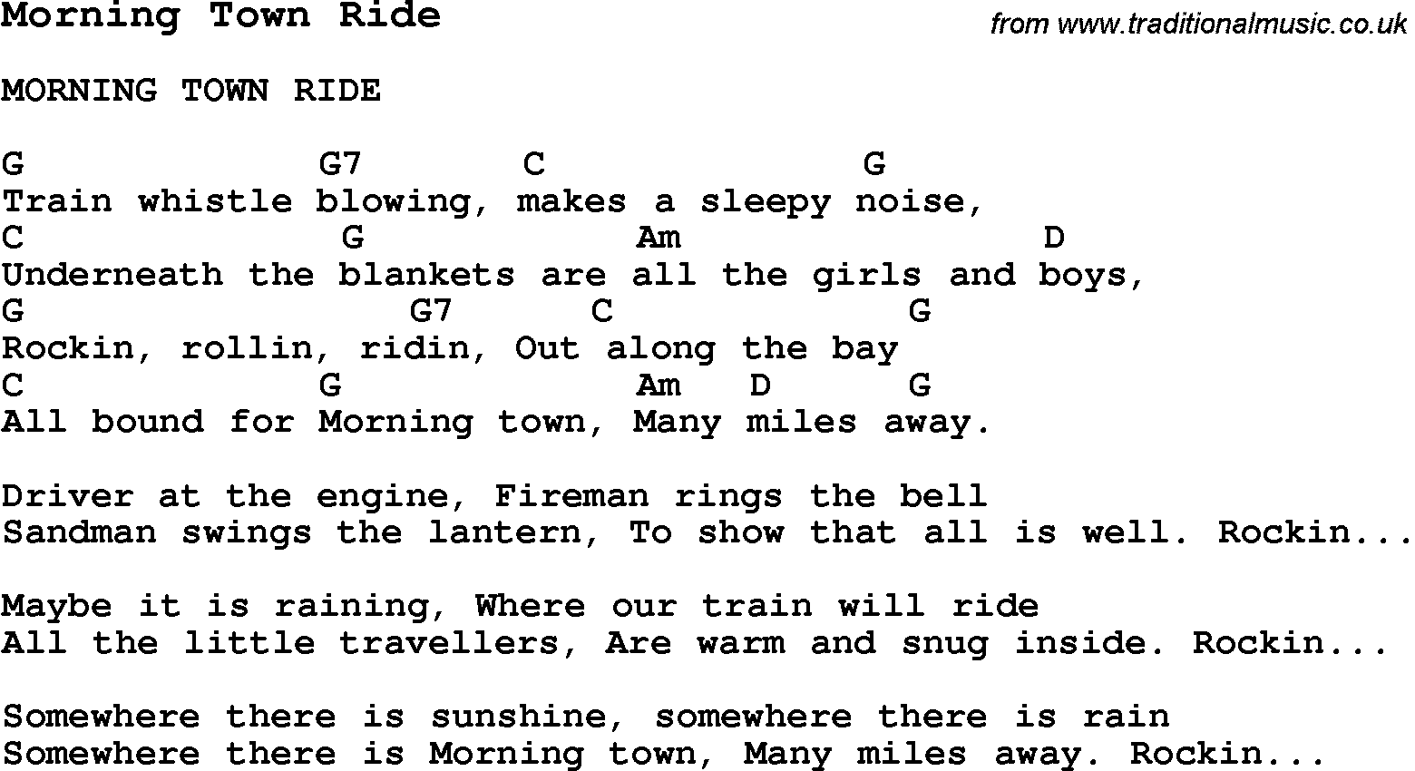 Summer-Camp Song, Morning Town Ride, with lyrics and chords for Ukulele, Guitar Banjo etc.