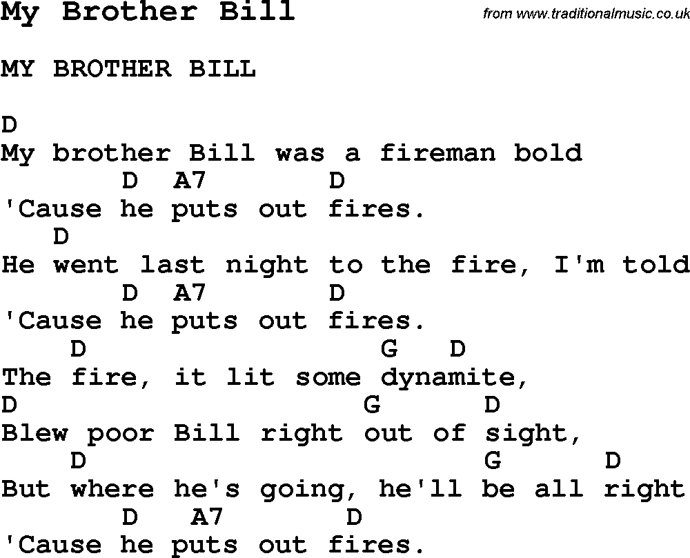 Summer-Camp Song, My Brother Bill, with lyrics and chords for Ukulele, Guitar Banjo etc.