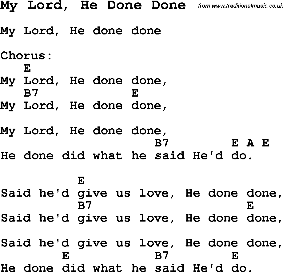 Summer-Camp Song, My Lord, He Done Done, with lyrics and chords for Ukulele, Guitar Banjo etc.