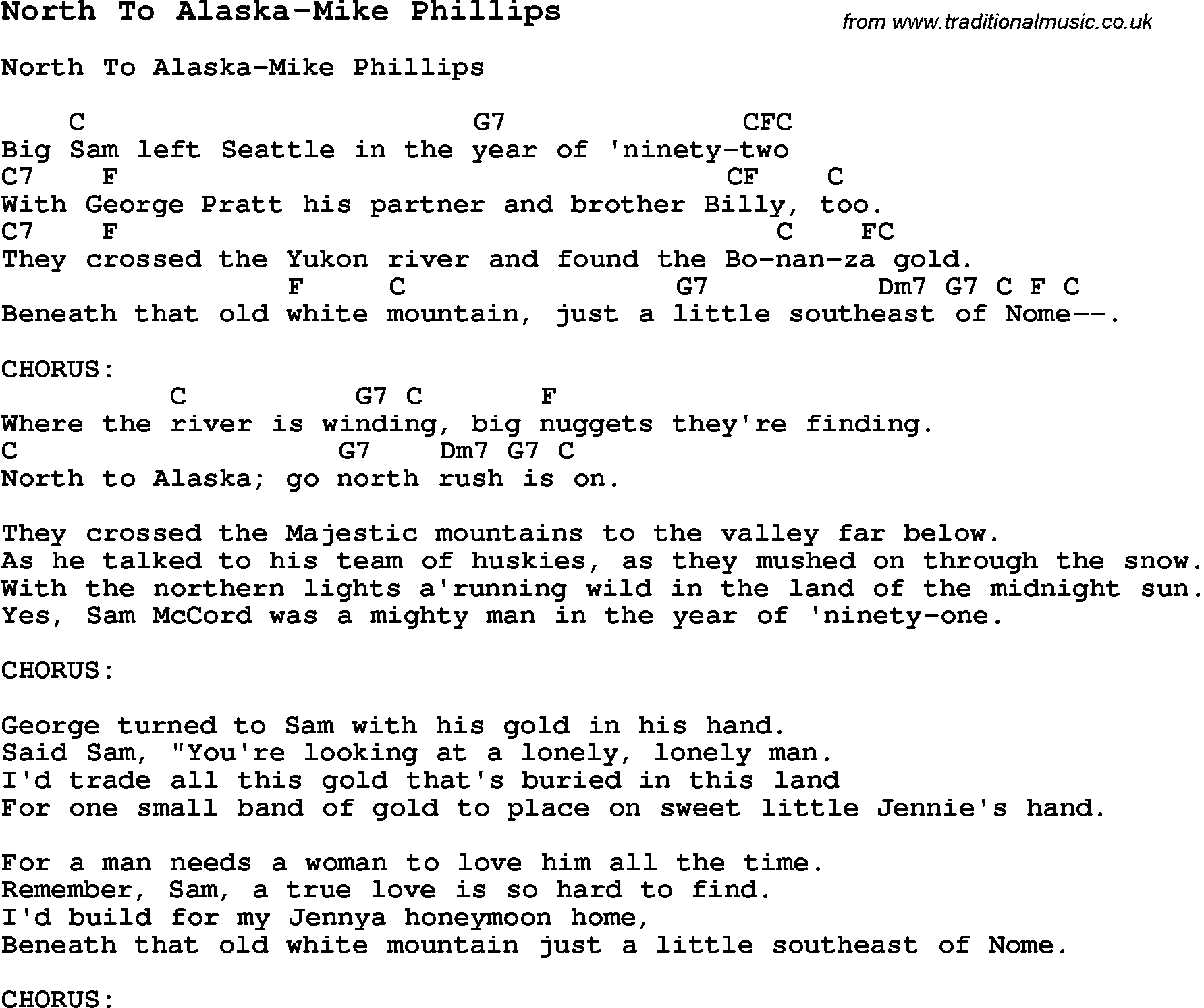 Summer-Camp Song, North To Alaska-Mike Phillips, with lyrics and chords for Ukulele, Guitar Banjo etc.