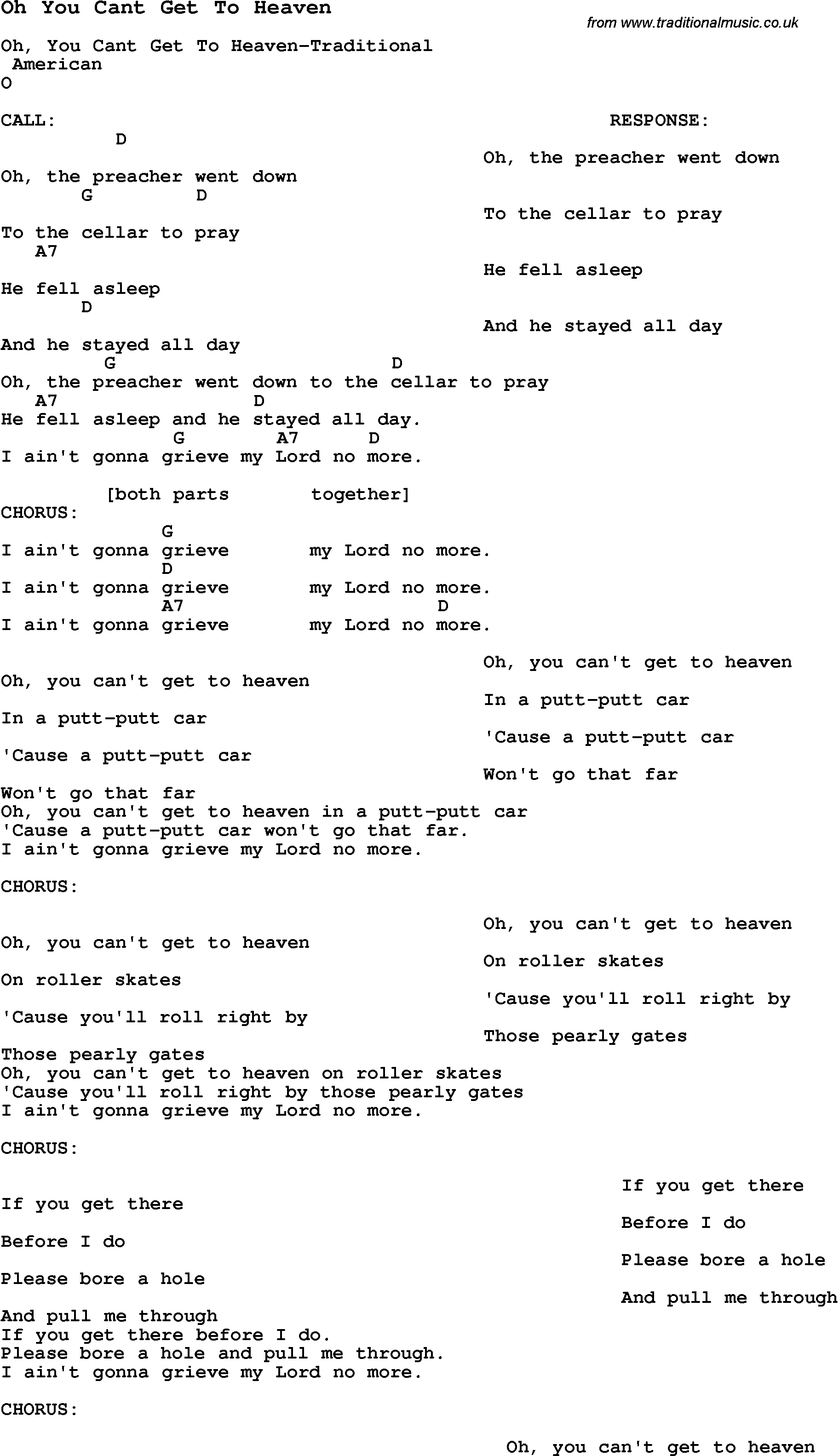 Summer-Camp Song, Oh You Cant Get To Heaven, with lyrics and chords for Ukulele, Guitar Banjo etc.