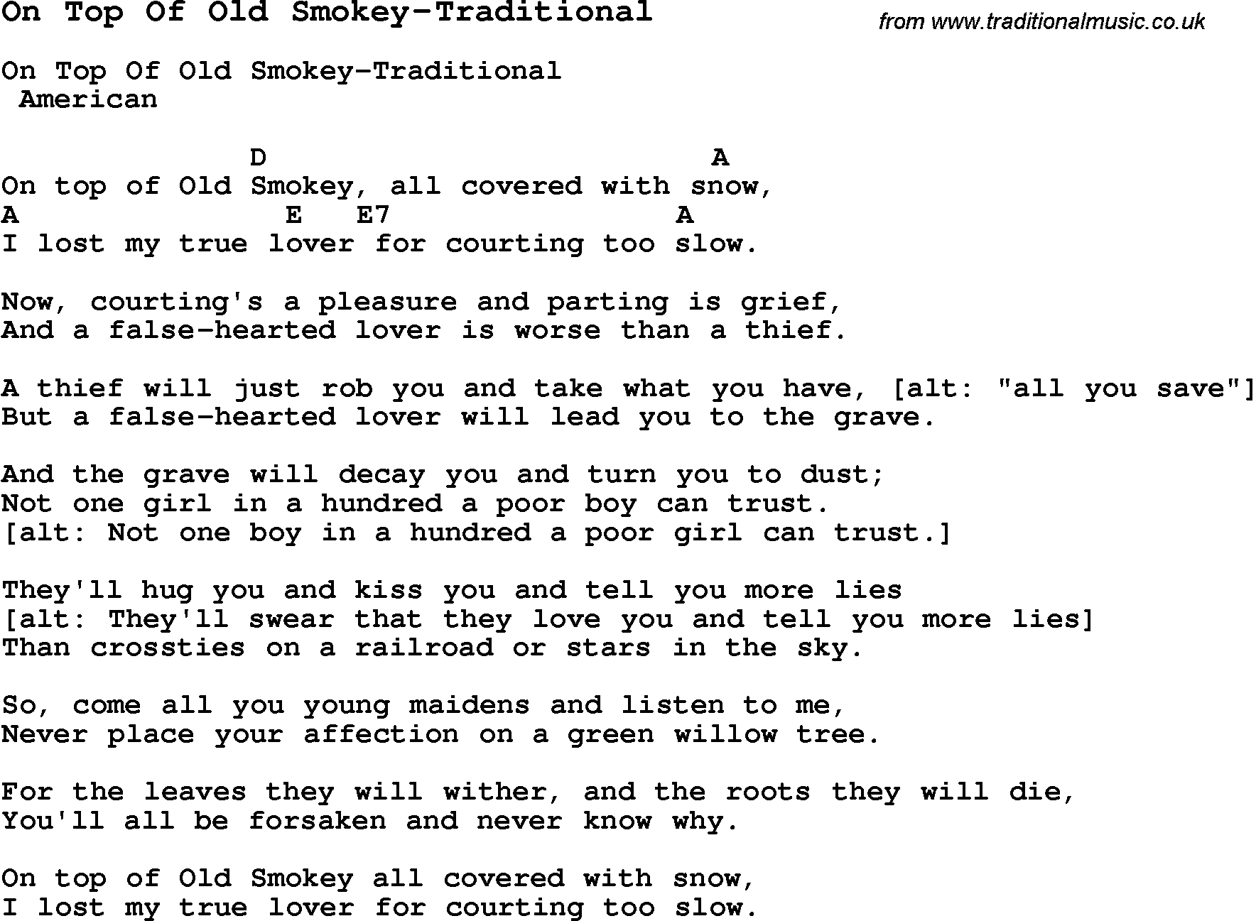 Summer-Camp Song, On Top Of Old Smokey-Traditional, with lyrics and chords for Ukulele, Guitar Banjo etc.