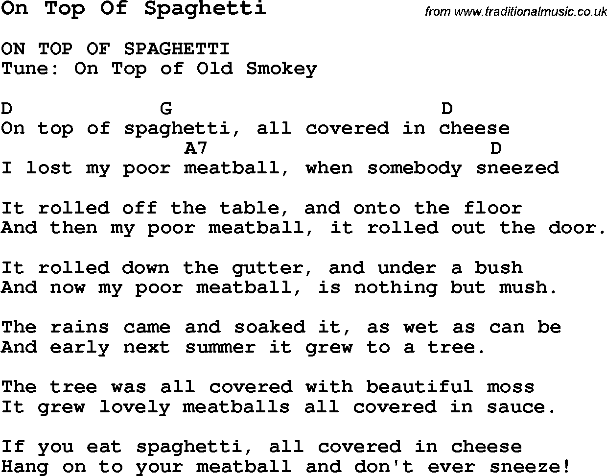 Summer-Camp Song, On Top Of Spaghetti, with lyrics and chords for Ukulele, Guitar Banjo etc.