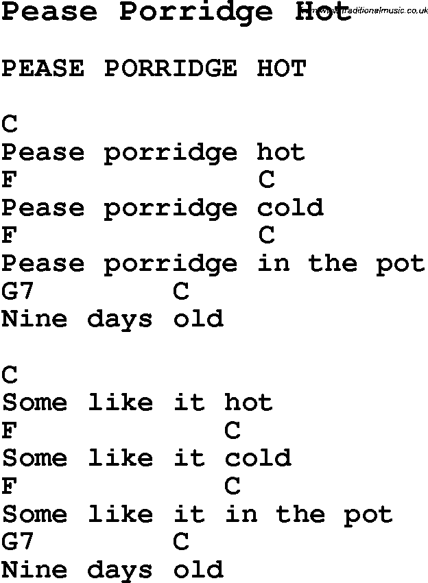 Summer-Camp Song, Pease Porridge Hot, with lyrics and chords for Ukulele, Guitar Banjo etc.