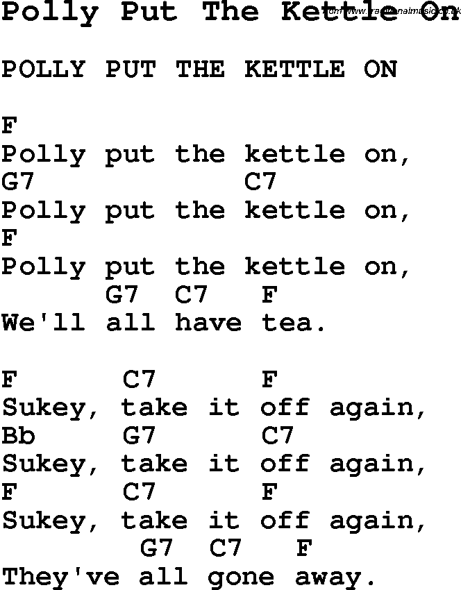 Summer-Camp Song, Polly Put The Kettle On, with lyrics and chords for Ukulele, Guitar Banjo etc.