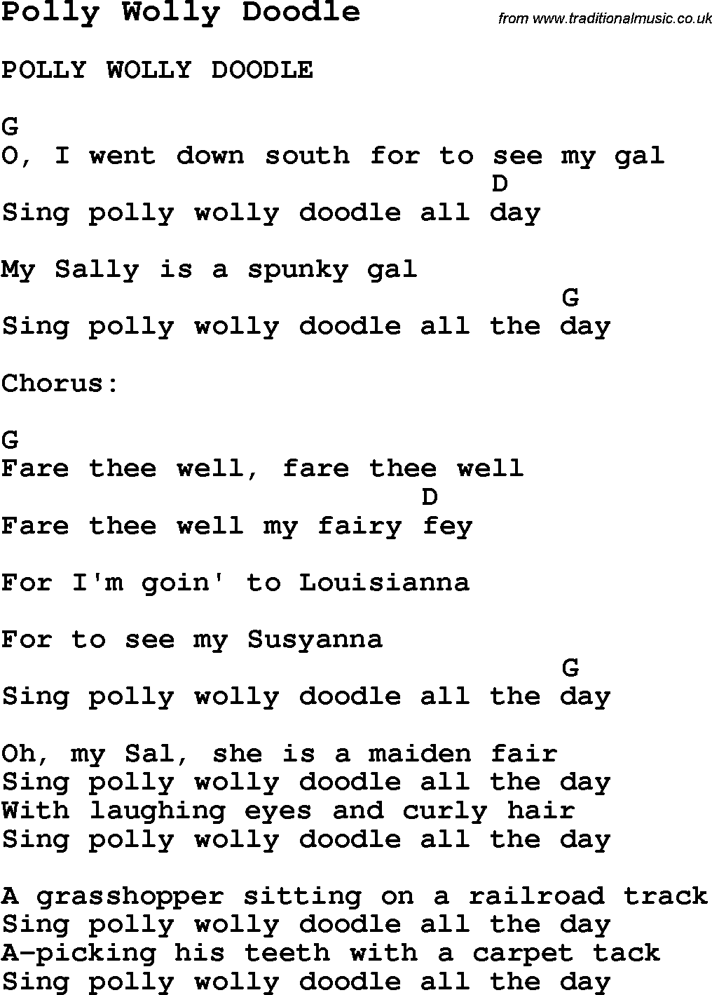 Summer-Camp Song, Polly Wolly Doodle, with lyrics and chords for Ukulele, Guitar Banjo etc.