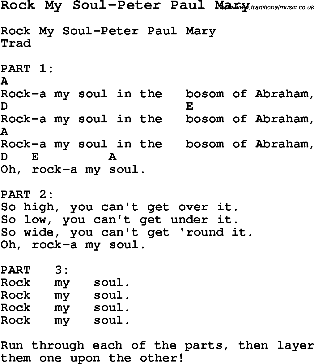 Summer-Camp Song, Rock My Soul-Peter Paul Mary, with lyrics and chords for Ukulele, Guitar Banjo etc.