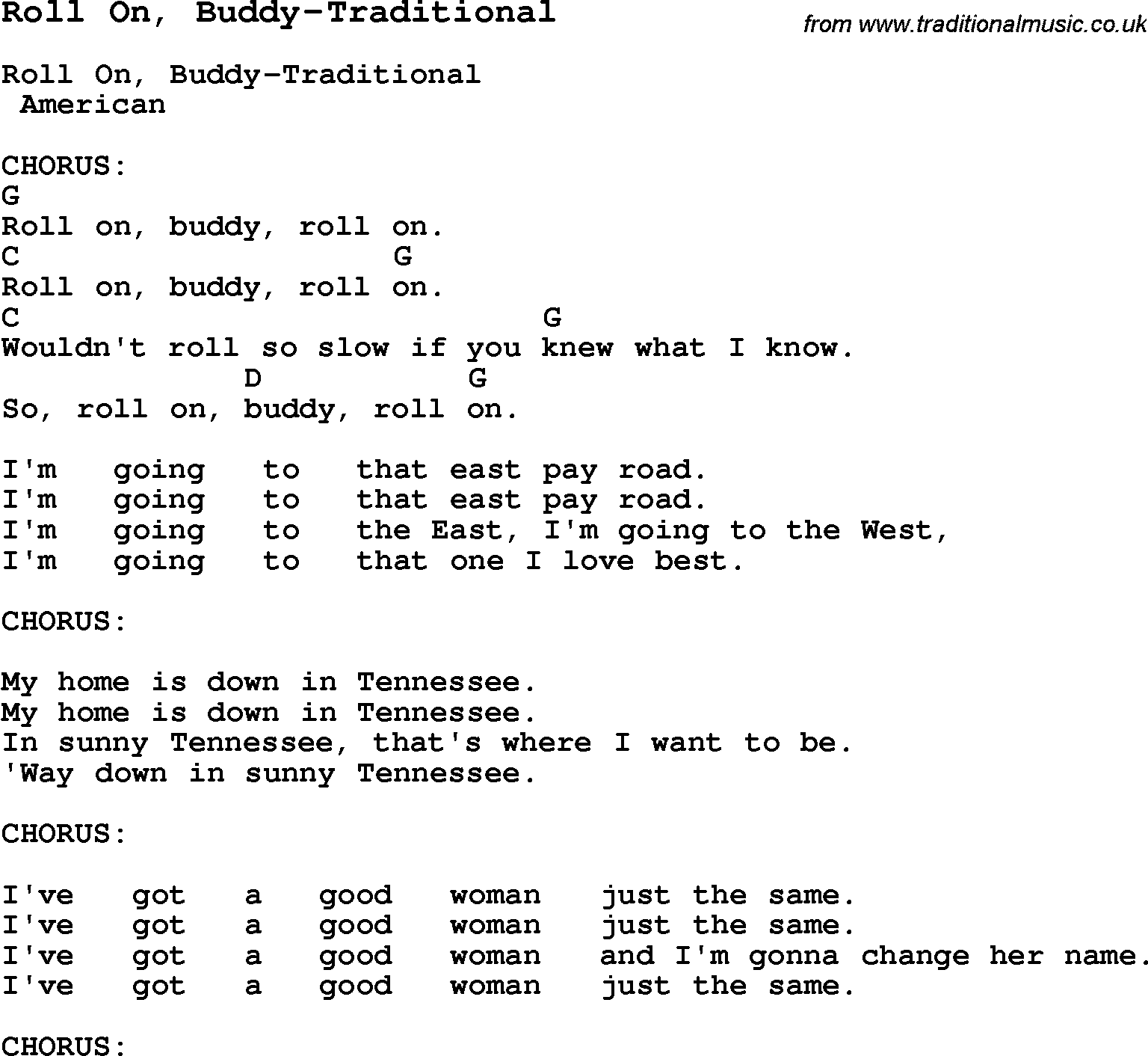 Summer-Camp Song, Roll On, Buddy-Traditional, with lyrics and chords for Ukulele, Guitar Banjo etc.