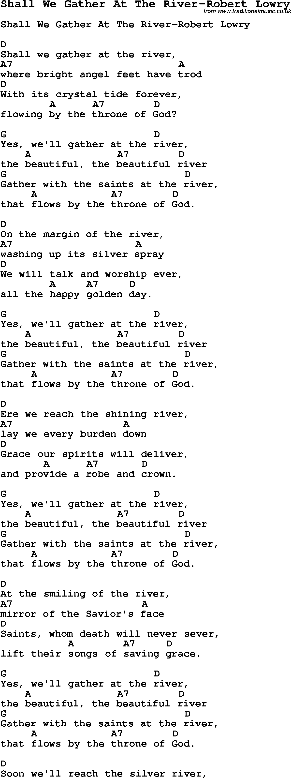 Summer-Camp Song, Shall We Gather At The River-Robert Lowry, with lyrics and chords for Ukulele, Guitar Banjo etc.