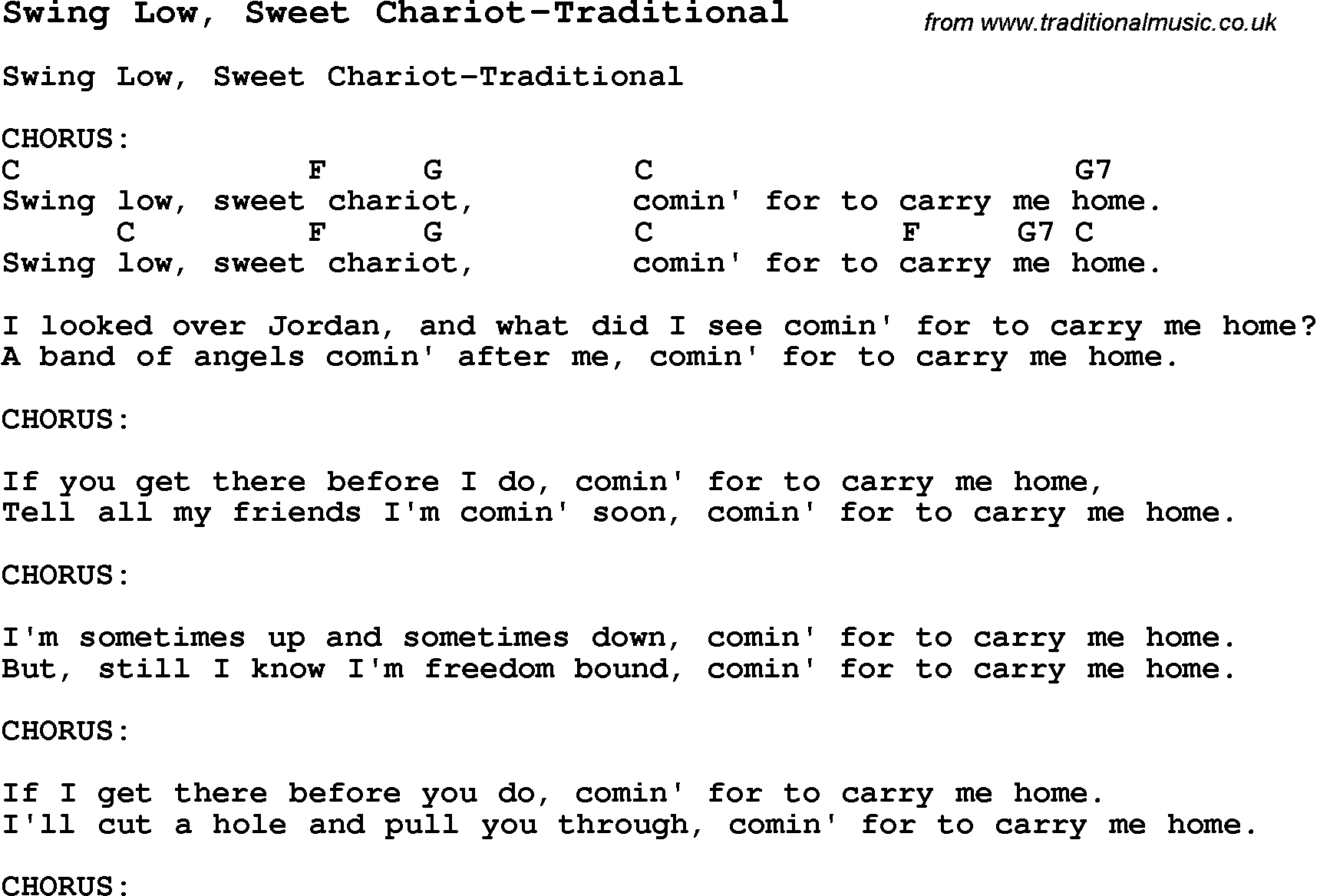 Summer-Camp Song, Swing Low, Sweet Chariot-Traditional, with lyrics and chords for Ukulele, Guitar Banjo etc.