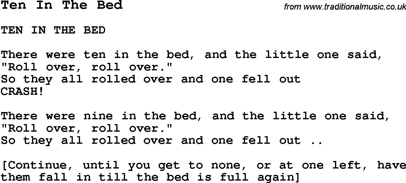 Summer-Camp Song, Ten In The Bed, with lyrics and chords for Ukulele, Guitar Banjo etc.