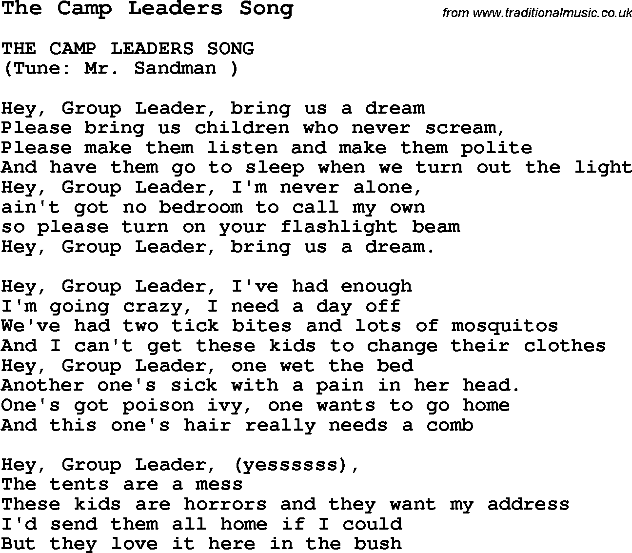Summer-Camp Song, The Camp Leaders Song, with lyrics and chords for Ukulele, Guitar Banjo etc.