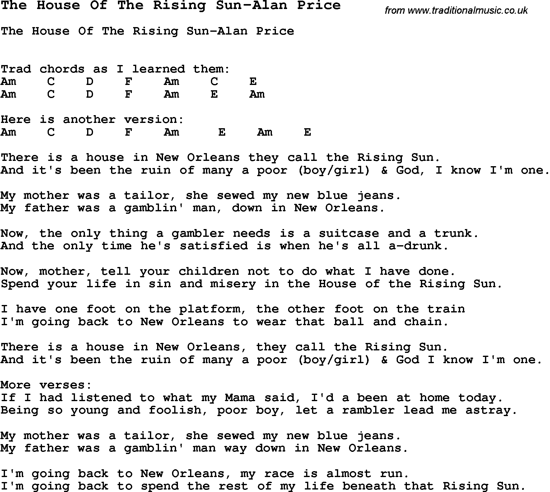 Summer-Camp Song, The House Of The Rising Sun-Alan Price, with lyrics and chords for Ukulele, Guitar Banjo etc.