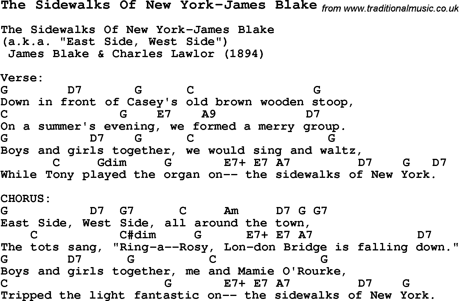Summer-Camp Song, The Sidewalks Of New York-James Blake, with lyrics and chords for Ukulele, Guitar Banjo etc.