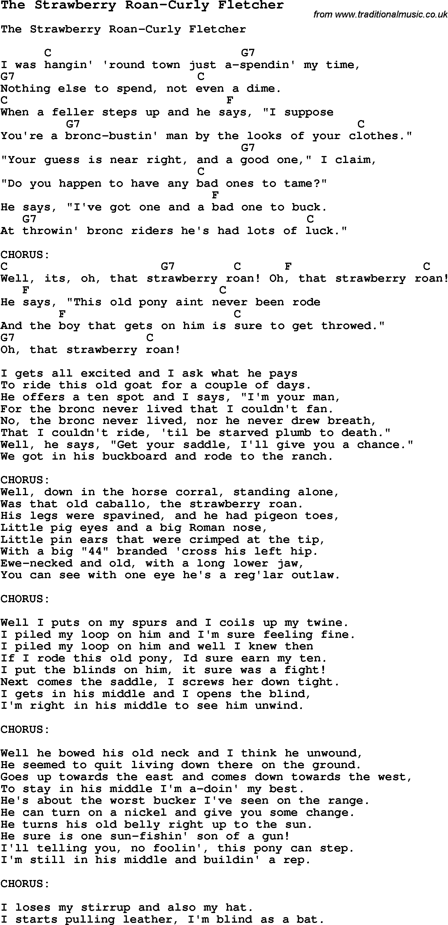 Summer-Camp Song, The Strawberry Roan-Curly Fletcher, with lyrics and chords for Ukulele, Guitar Banjo etc.