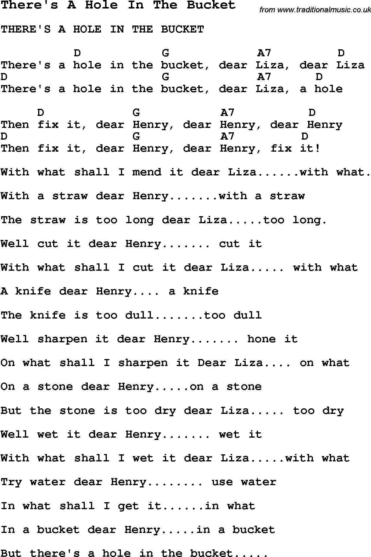 Summer-Camp Song, There's A Hole In The Bucket, with lyrics and chords for Ukulele, Guitar Banjo etc.