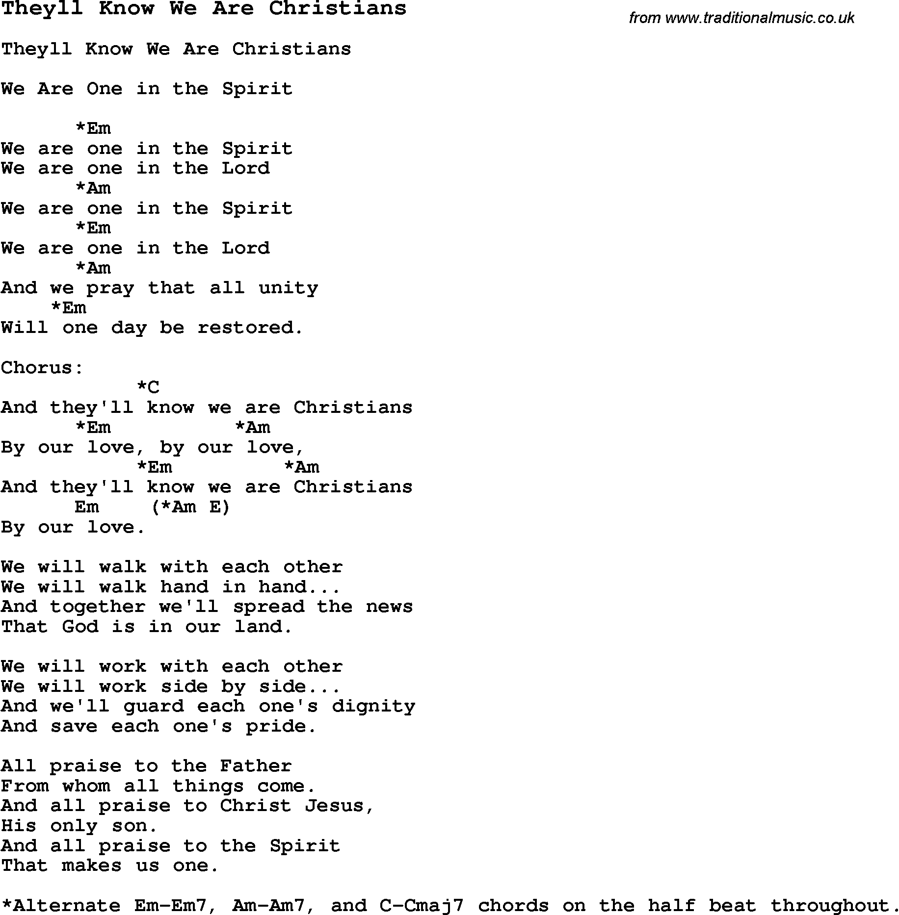Summer-Camp Song, Theyll Know We Are Christians, with lyrics and chords for Ukulele, Guitar Banjo etc.