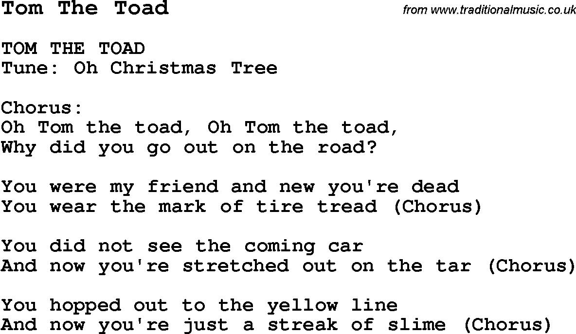 Summer-Camp Song, Tom The Toad, with lyrics and chords for Ukulele, Guitar Banjo etc.