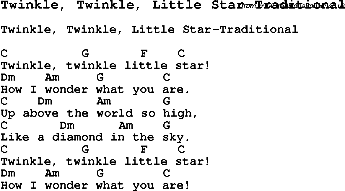 Summer-Camp Song, Twinkle, Twinkle, Little Star-Traditional, with lyrics and chords for Ukulele, Guitar Banjo etc.