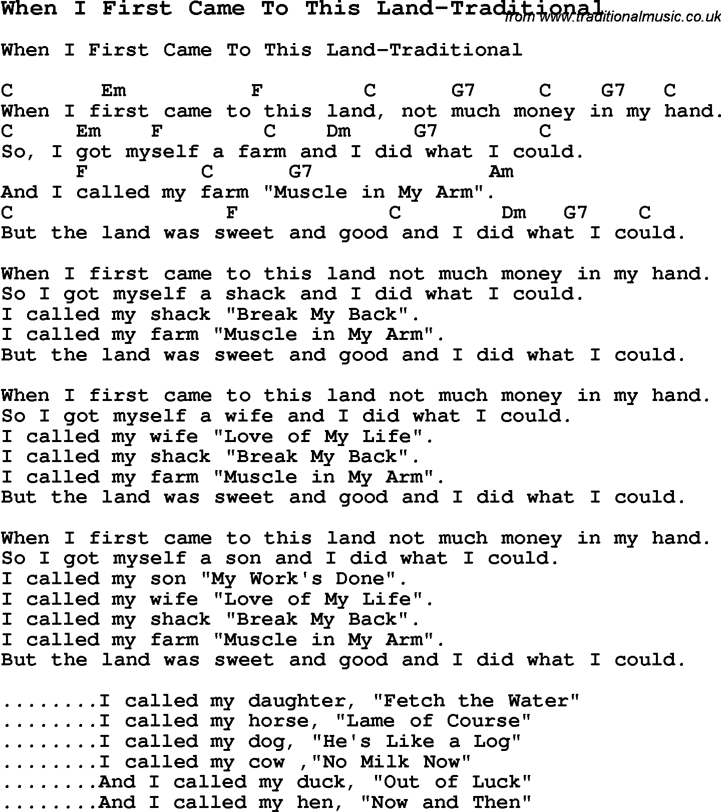 Summer-Camp Song, When I First Came To This Land-Traditional, with lyrics and chords for Ukulele, Guitar Banjo etc.