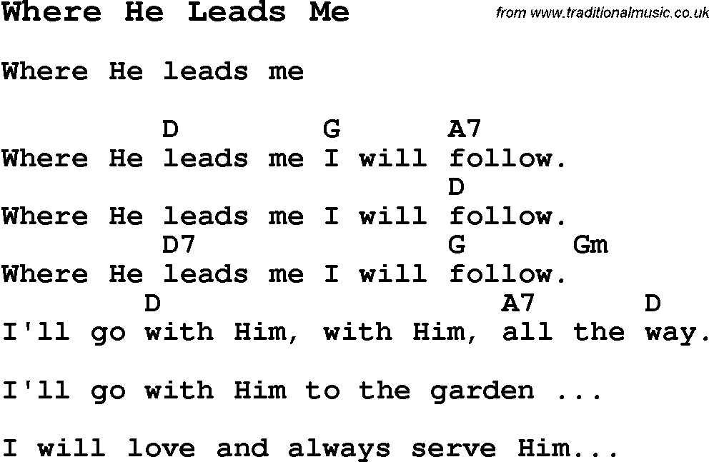 Summer-Camp Song, Where He Leads Me, with lyrics and chords for Ukulele, Guitar Banjo etc.