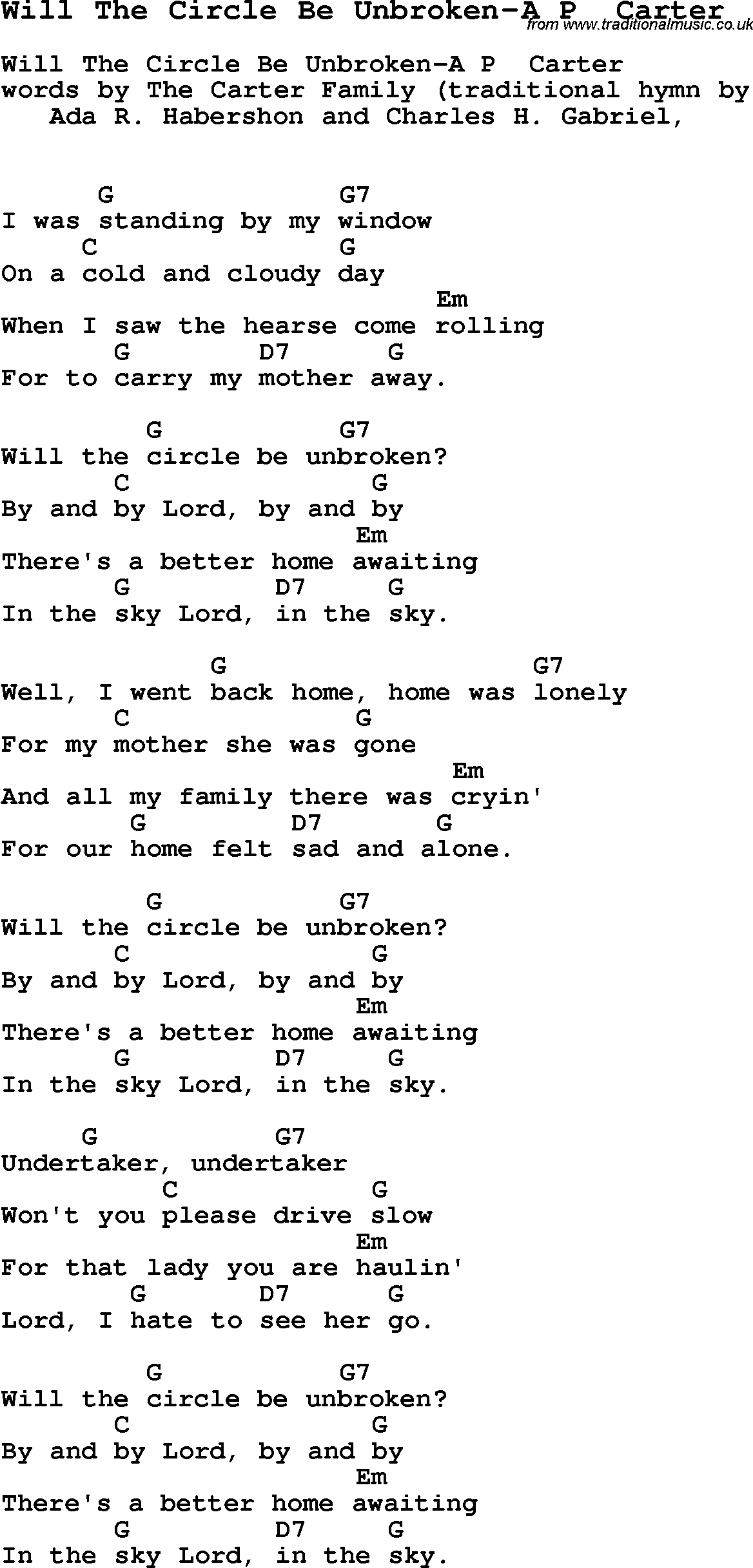 Summer-Camp Song, Will The Circle Be Unbroken-A P  Carter, with lyrics and chords for Ukulele, Guitar Banjo etc.