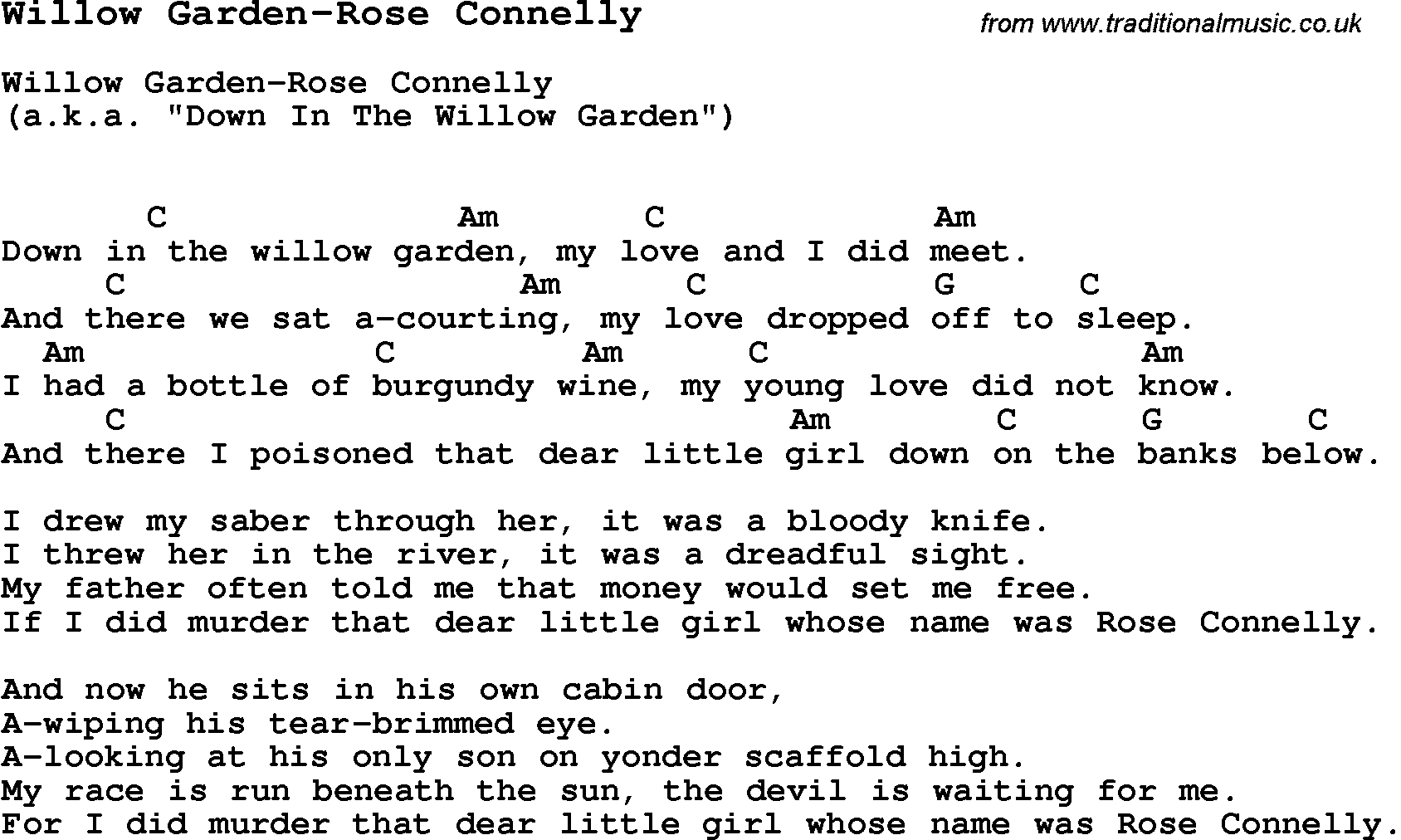 Summer-Camp Song, Willow Garden-Rose Connelly, with lyrics and chords for Ukulele, Guitar Banjo etc.