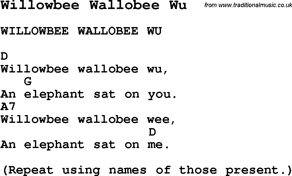 Summer-Camp Song, Willowbee Wallobee Wu, with lyrics and chords for Ukulele, Guitar Banjo etc.