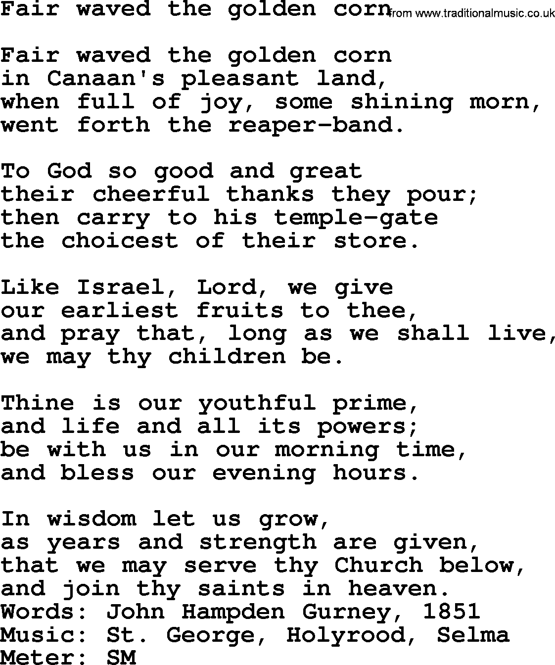 Thanksgiving Hymns and Songs: Fair Waved The Golden Corn lyrics with PDF