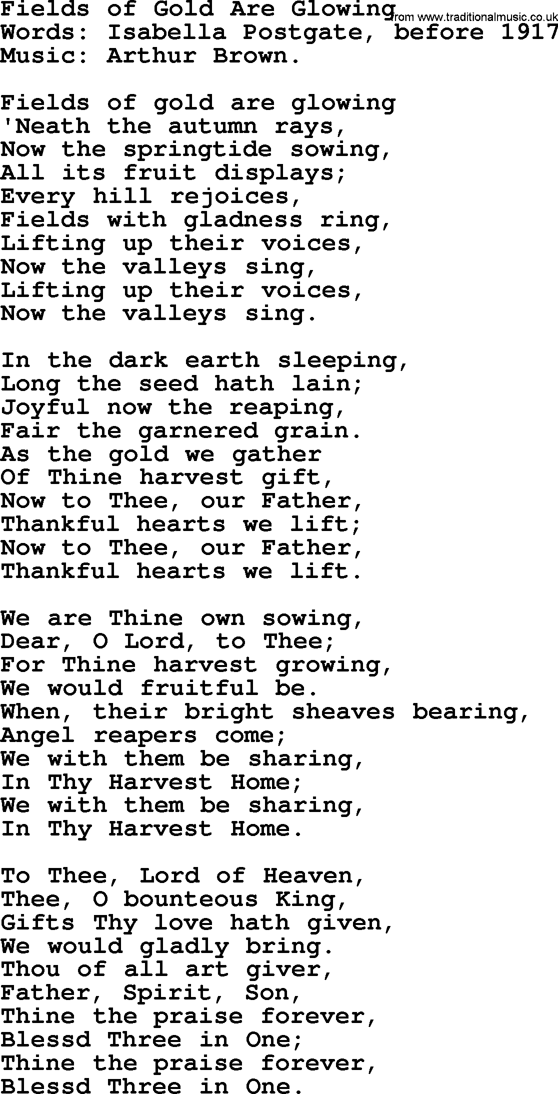 Thanksgiving Hymns and Songs: Fields Of Gold Are Glowing lyrics with PDF