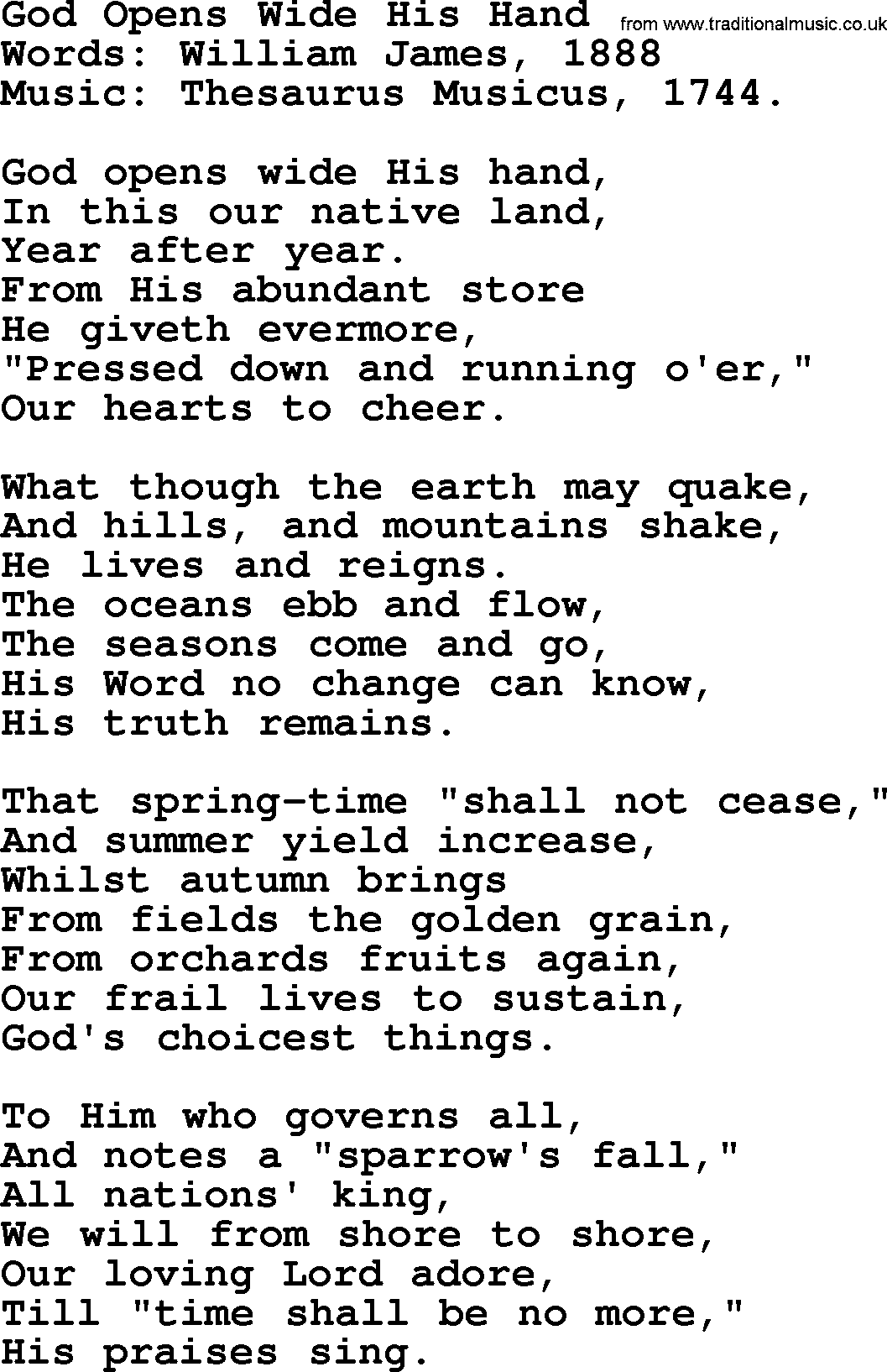 Thanksgiving Hymns and Songs: God Opens Wide His Hand lyrics with PDF