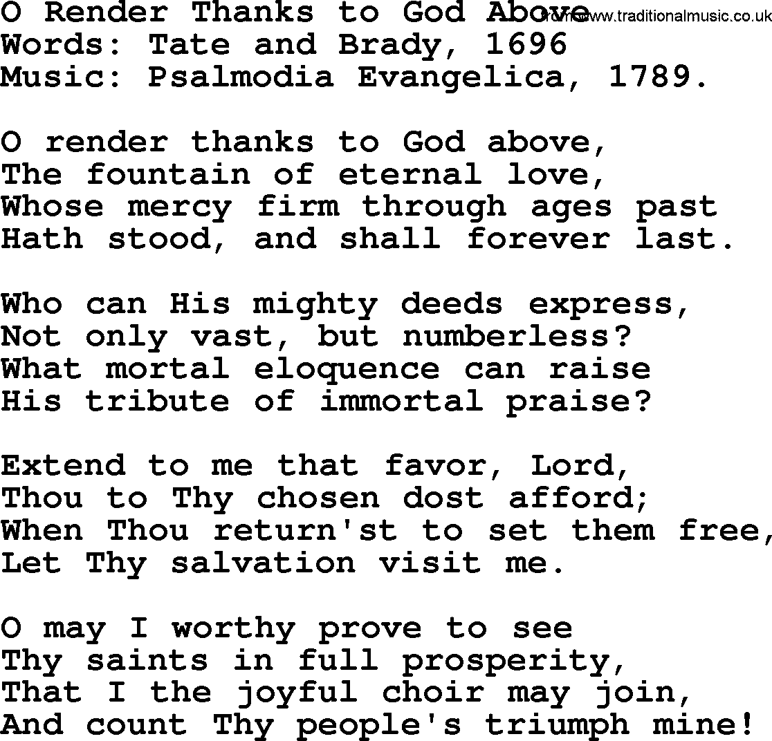 Thanksgiving Hymns and Songs: O Render Thanks To God Above lyrics with PDF