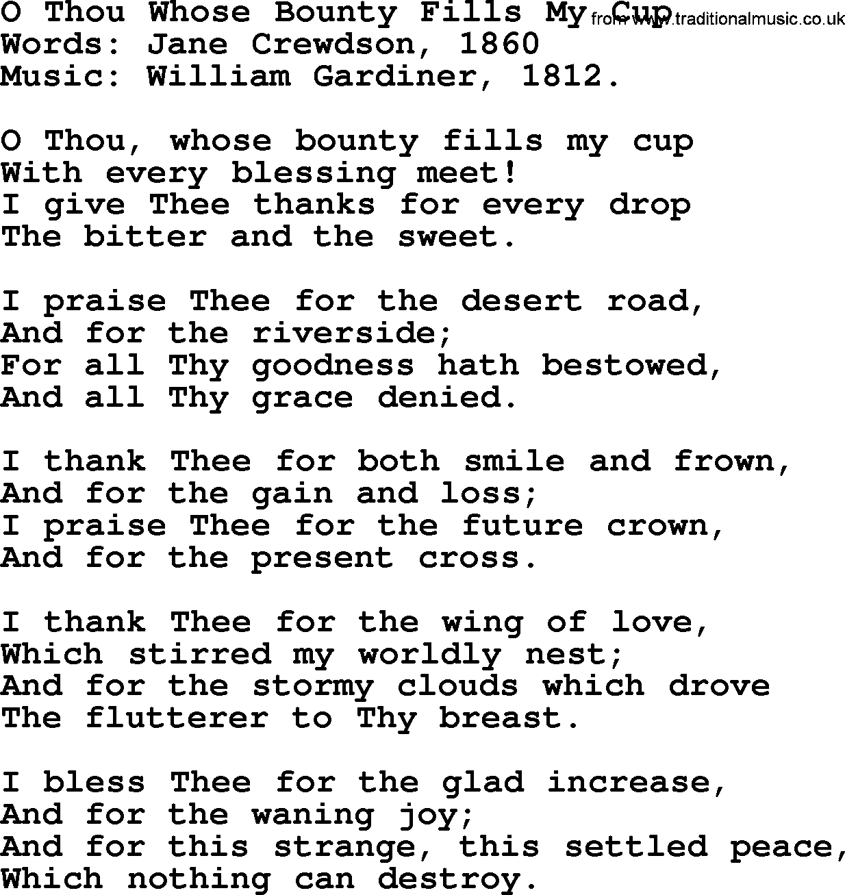 Thanksgiving Hymns and Songs: O Thou Whose Bounty Fills My Cup lyrics with PDF
